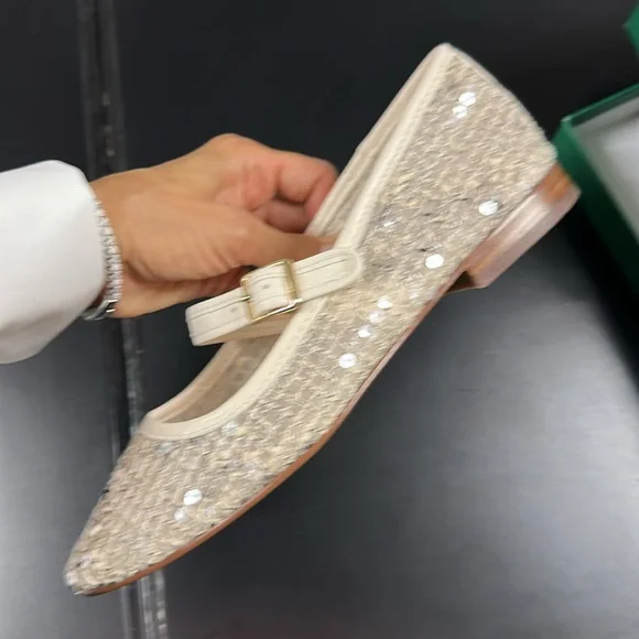 🪸 J. Crew 🪸 NWB Cream Mesh Mary Jane ballet flats with sequins Camel Multi 7-H M